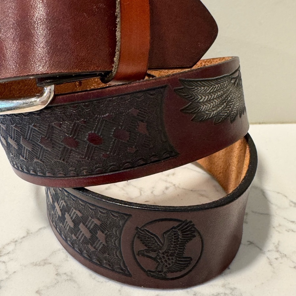 Men's Brown Tooled Bald Eagle Genuine Leather Belt - Picture 3 of 11